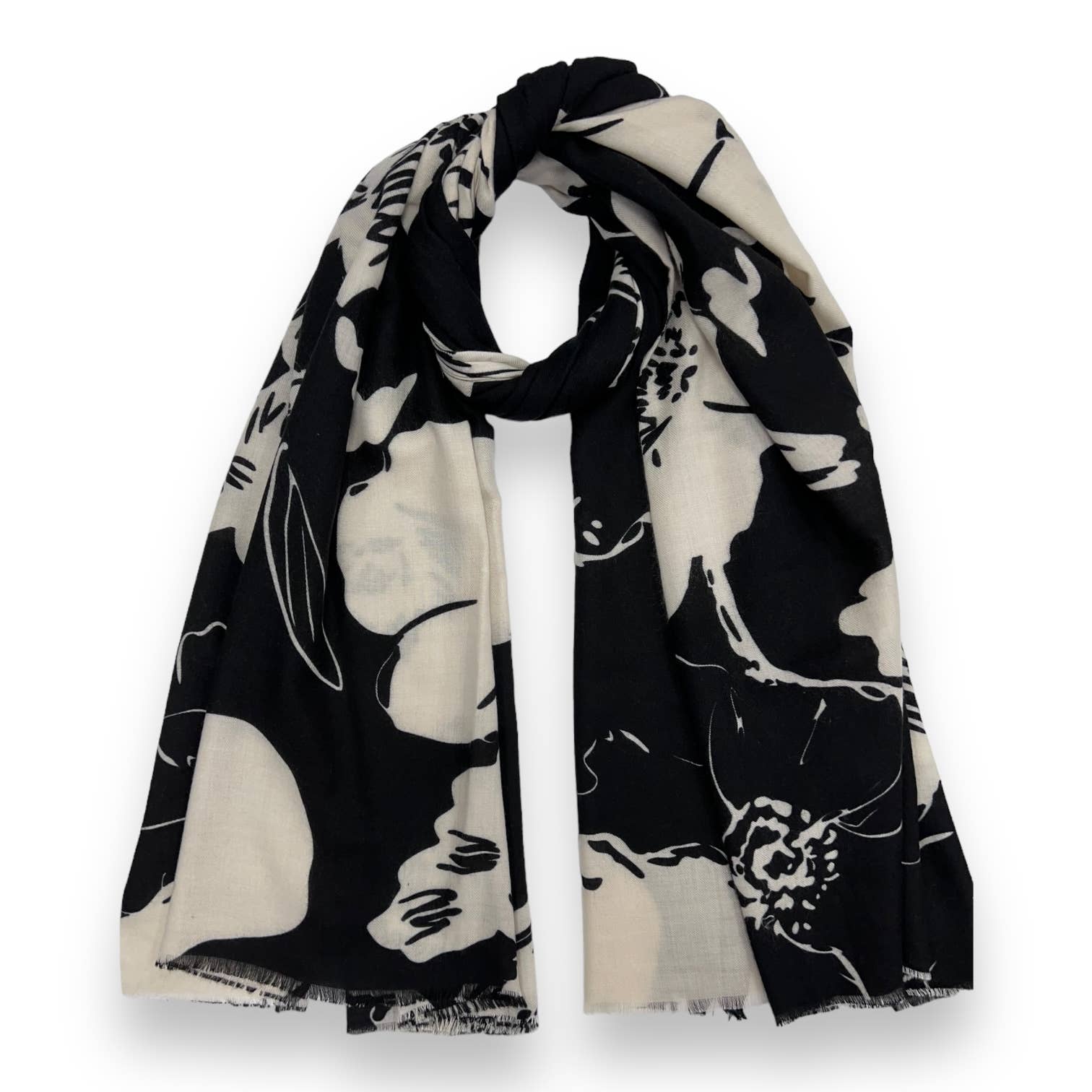 Flower sketch print on medium weight scarf: Black