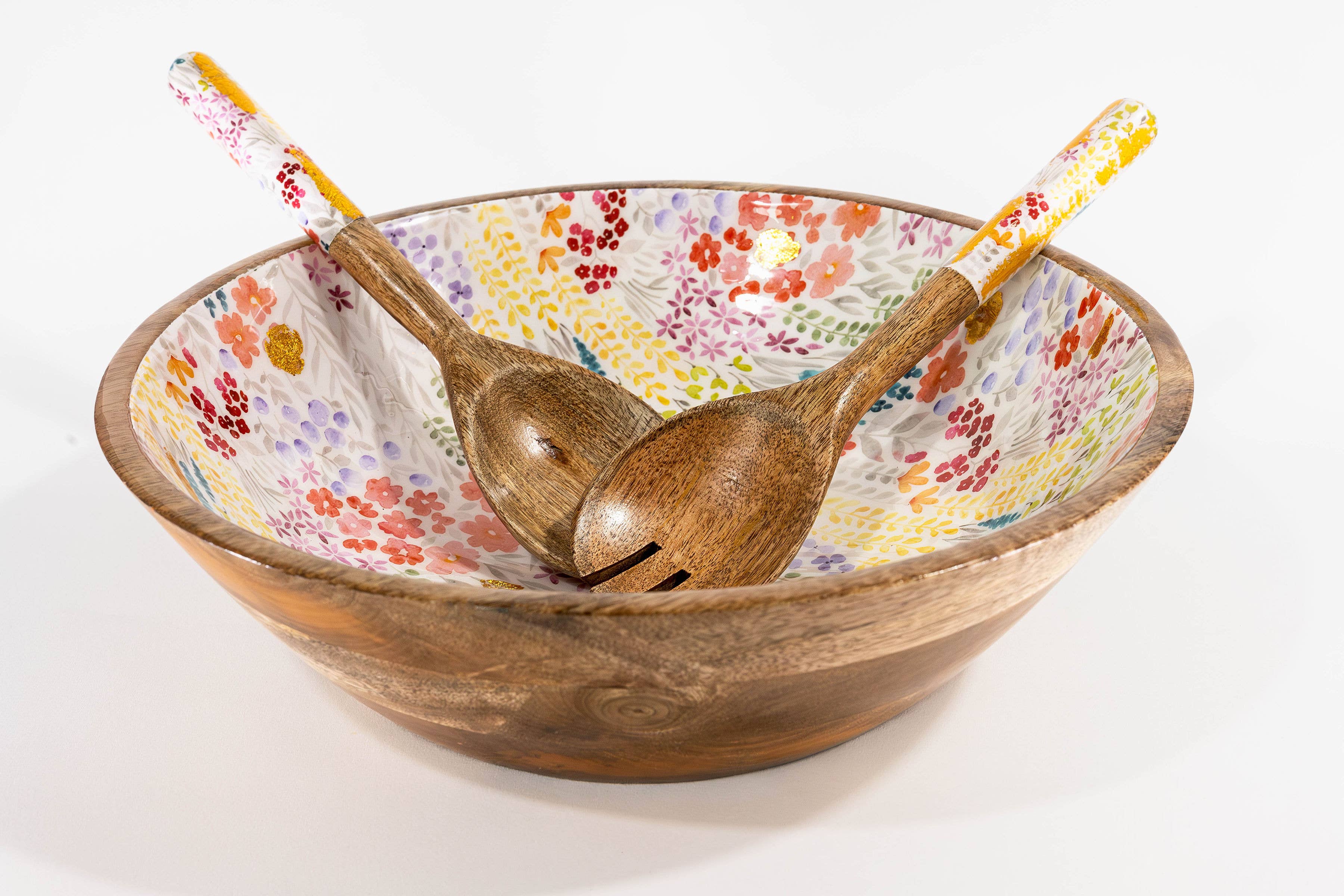 Large Floral Gold Foil Bowl and Salad Servers Set