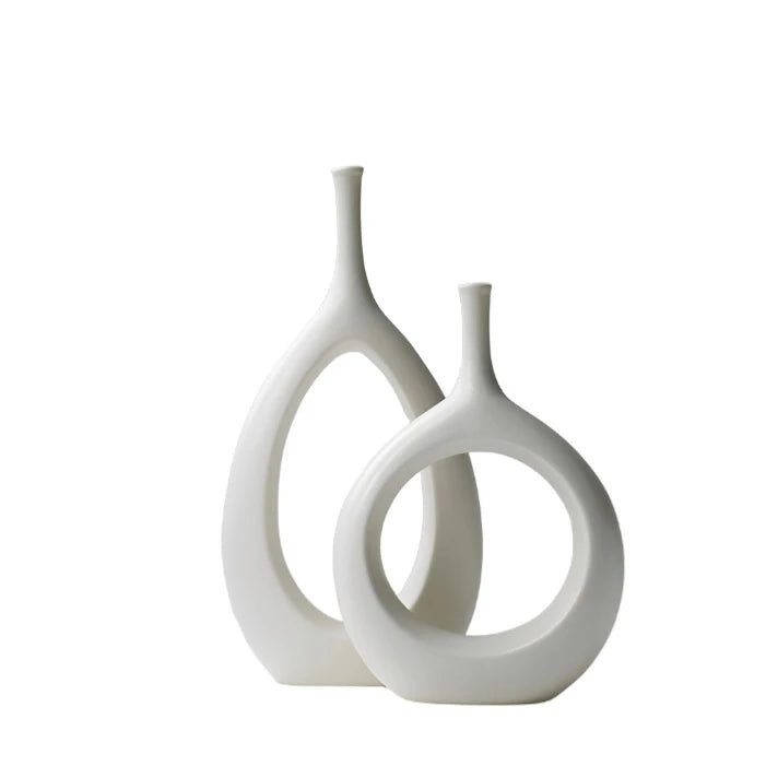 set of 2 white modern ceramic hollow vases