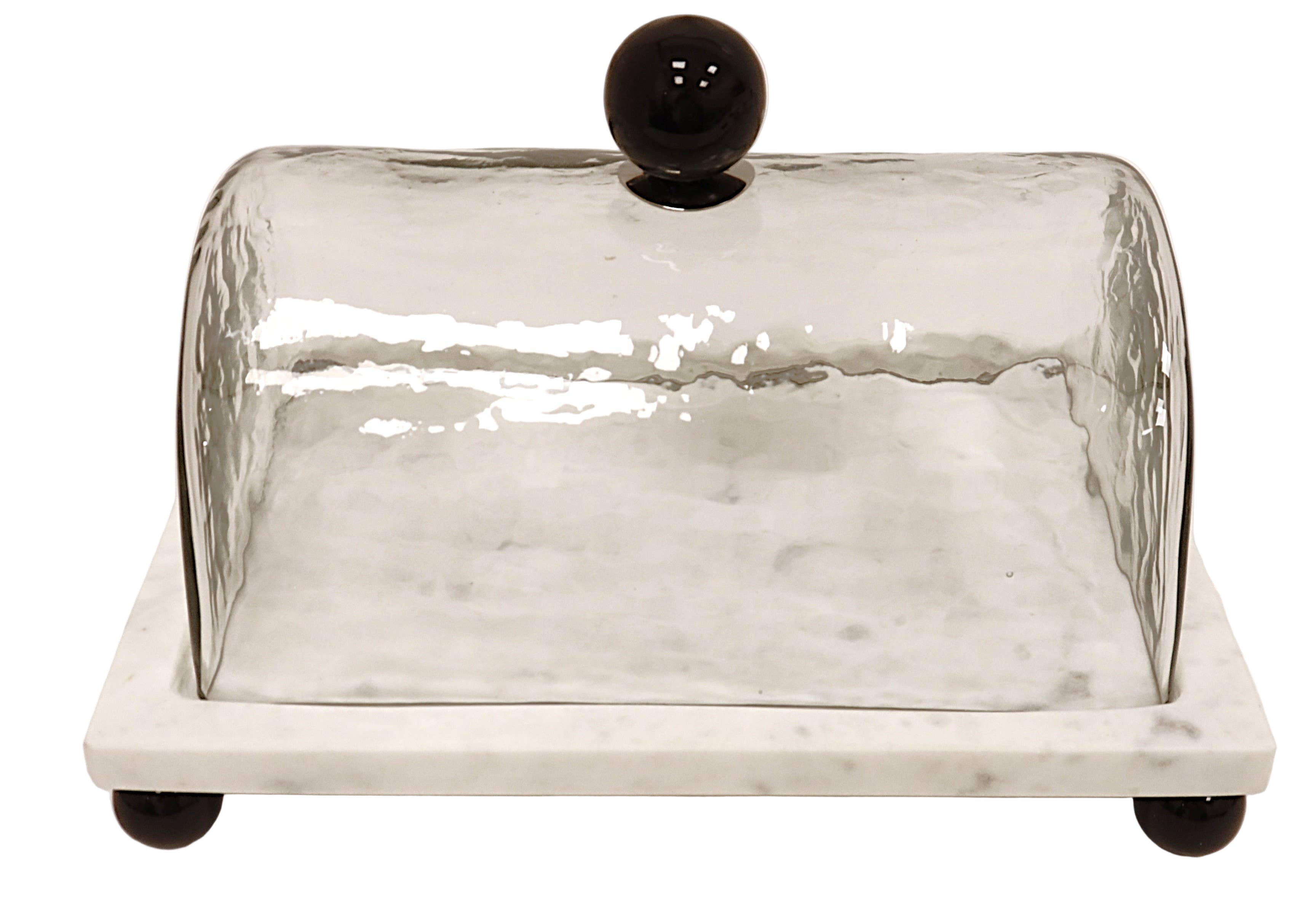 Marble Cake Platter with Glass Cover and black Ball Knob