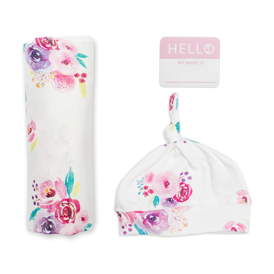 Hello World swaddle & Knotted Hat Posies