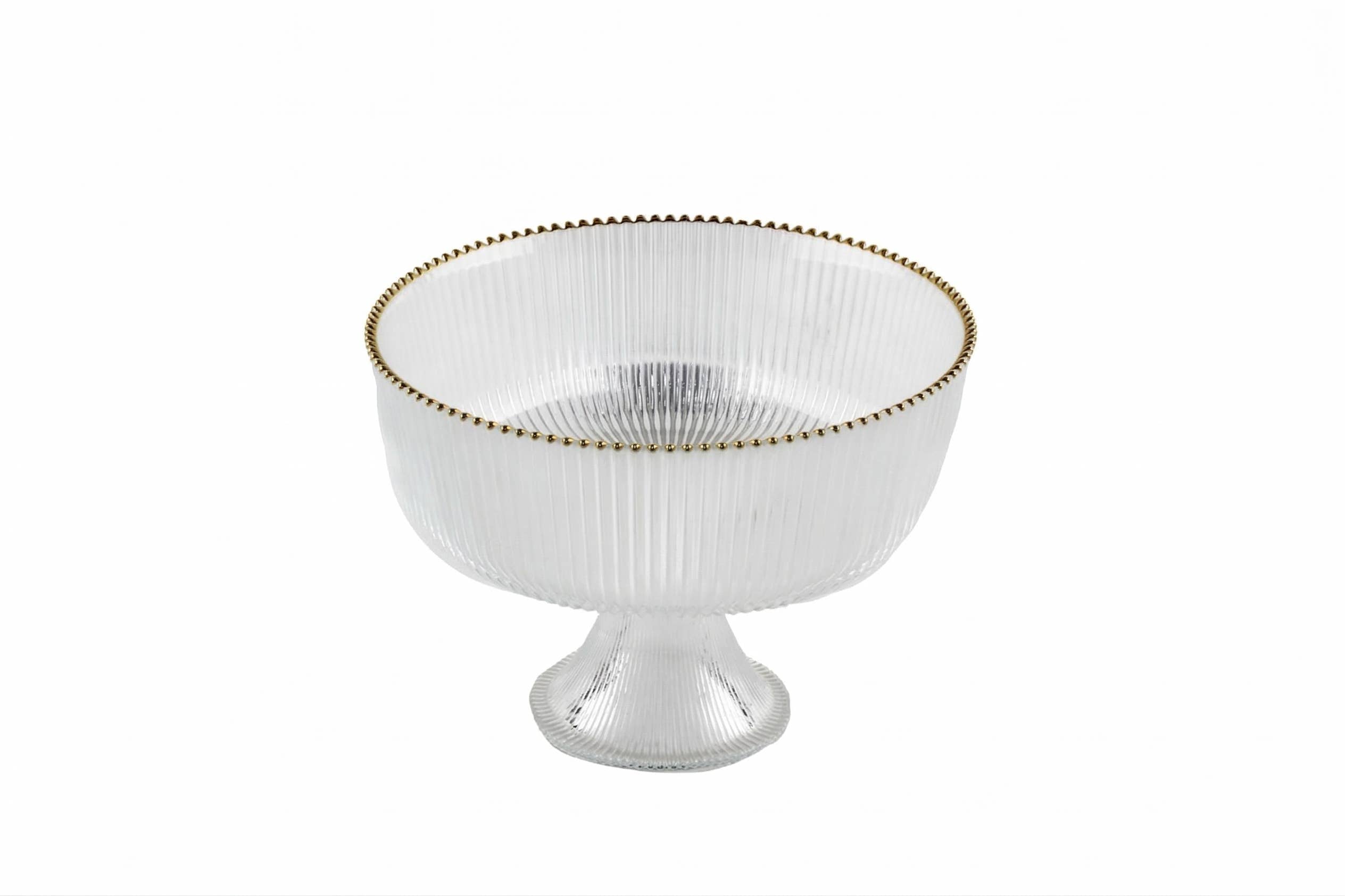 Footed Glass Salad Bowl Straight Cut, Ribbed with Gold Rim