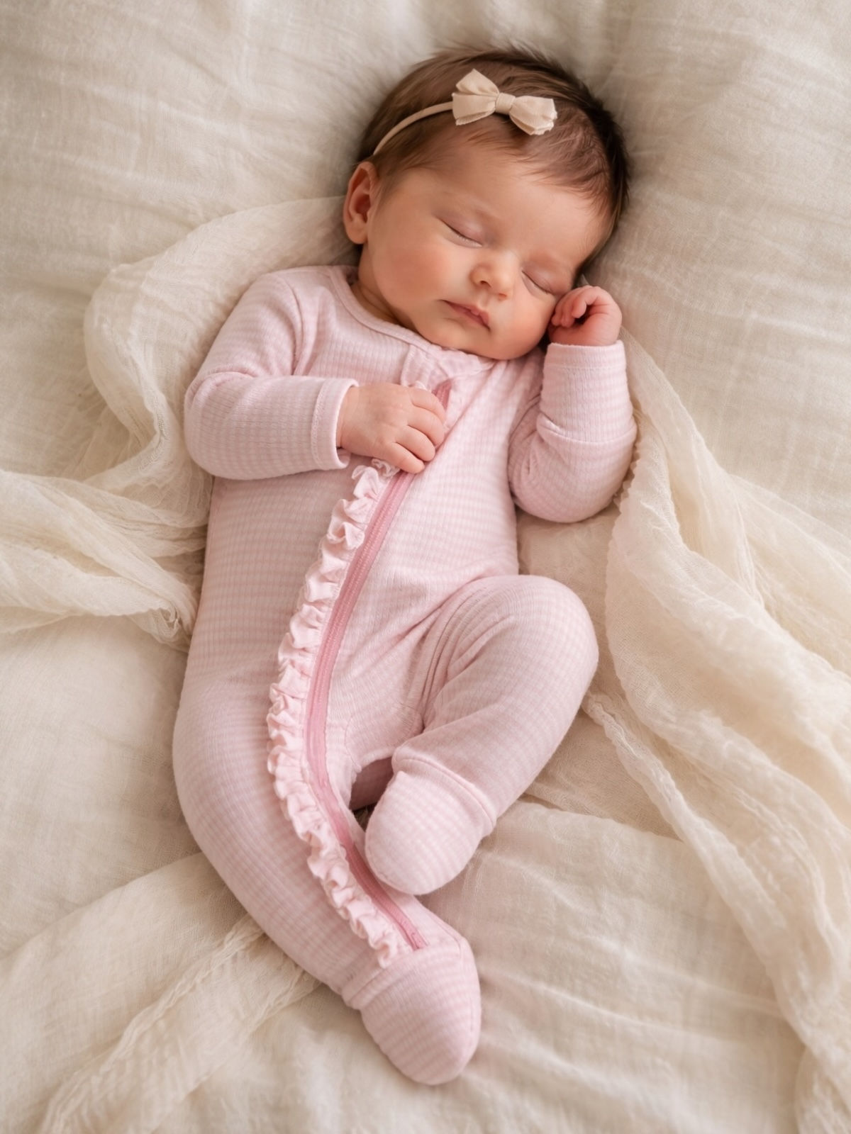 Ribbed Frill 2-Way Zip Footie - Pink Stripe