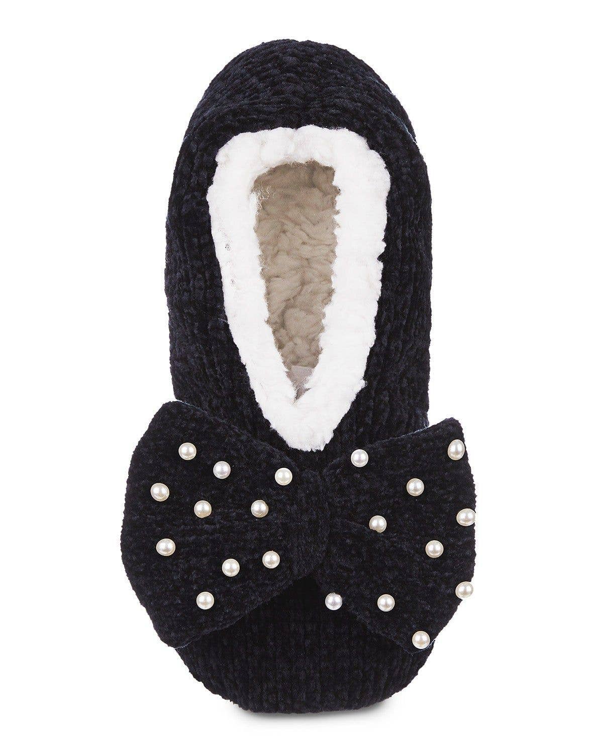 Precious Pearls Chenille Bow Accent Sherpa Lined Slippers