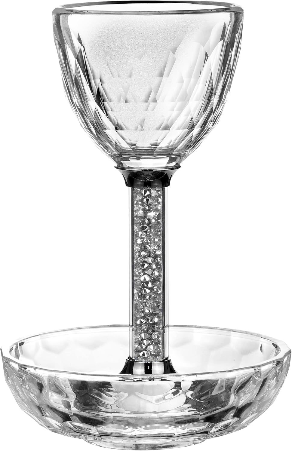 Coupe de Kiddouch en cristal avec pierres précieuses transparentes dans la tige et plateau assorti