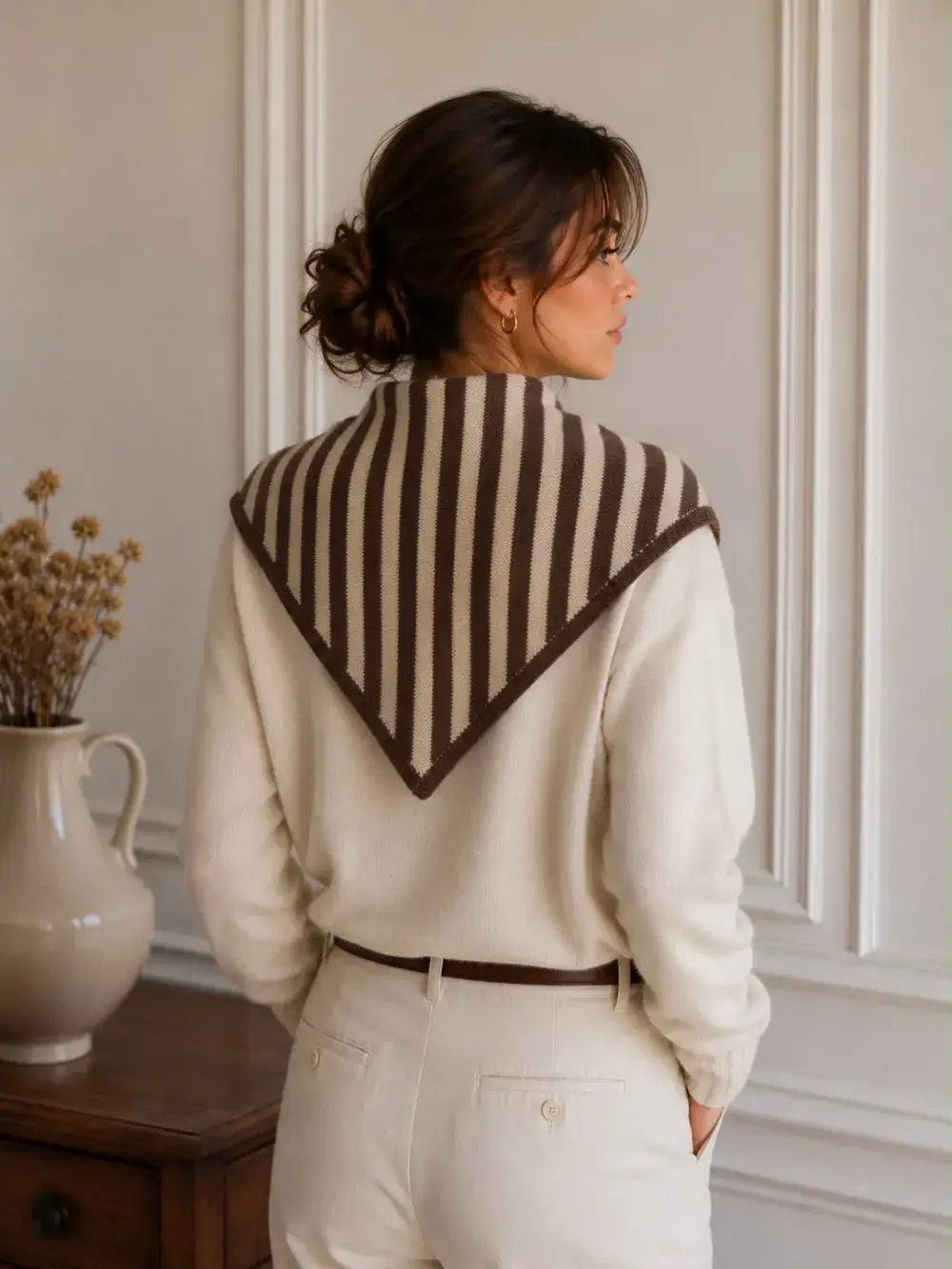 Striped knit triangle scarf: Camel