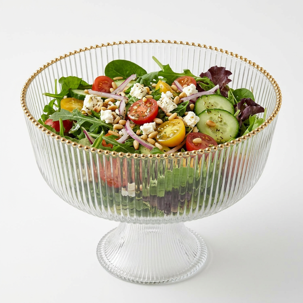 Footed Glass Salad Bowl Straight Cut, Ribbed with Gold Rim