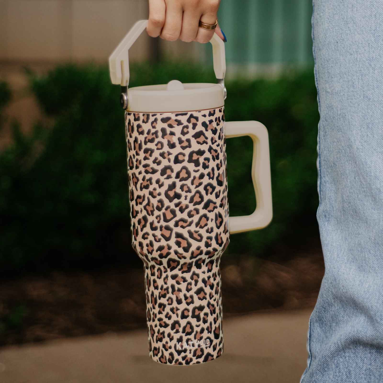 Brown Leopard Metal Tumbler with Lid Handle