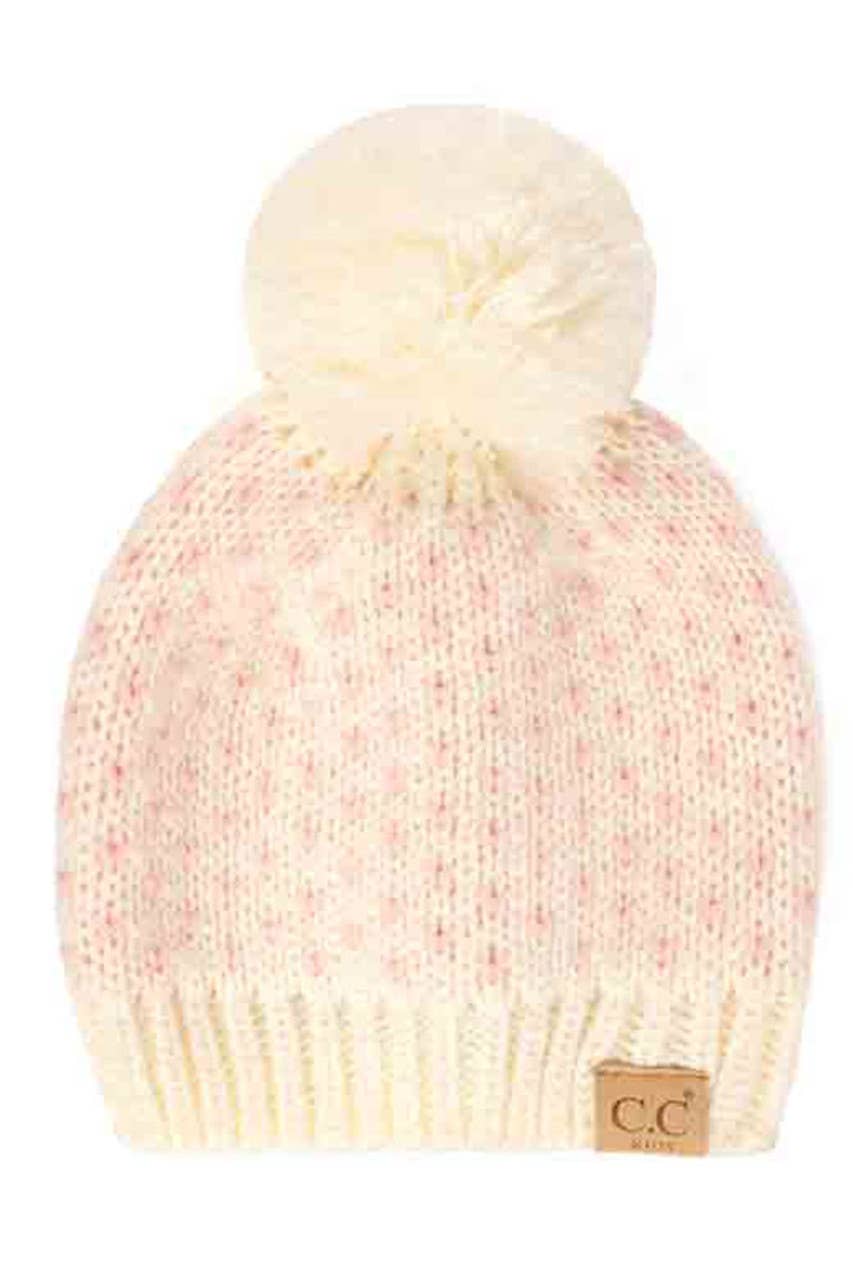 Heart Pattern Knit Beanie with Pom
