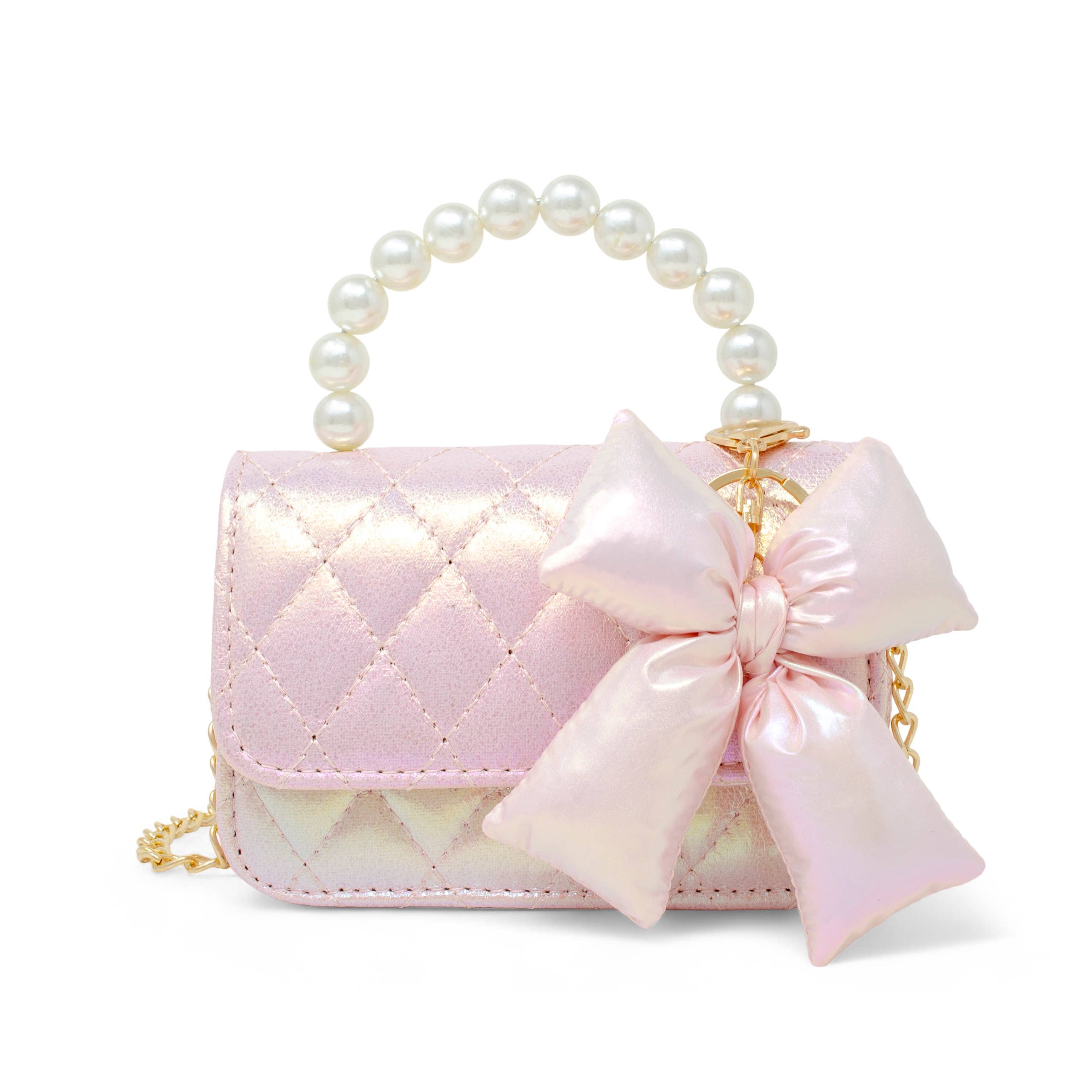 Shiny Quilted Fluffy Bow Handbag: Pink