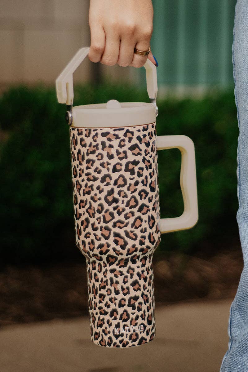 Brown Leopard Metal Tumbler with Lid Handle