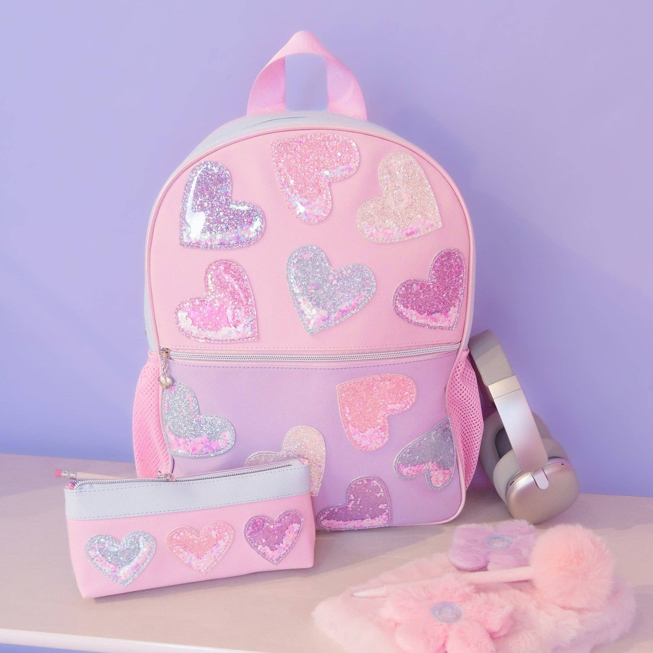 Confetti Heart Patched Color Block Large Backpack with Pencil Case