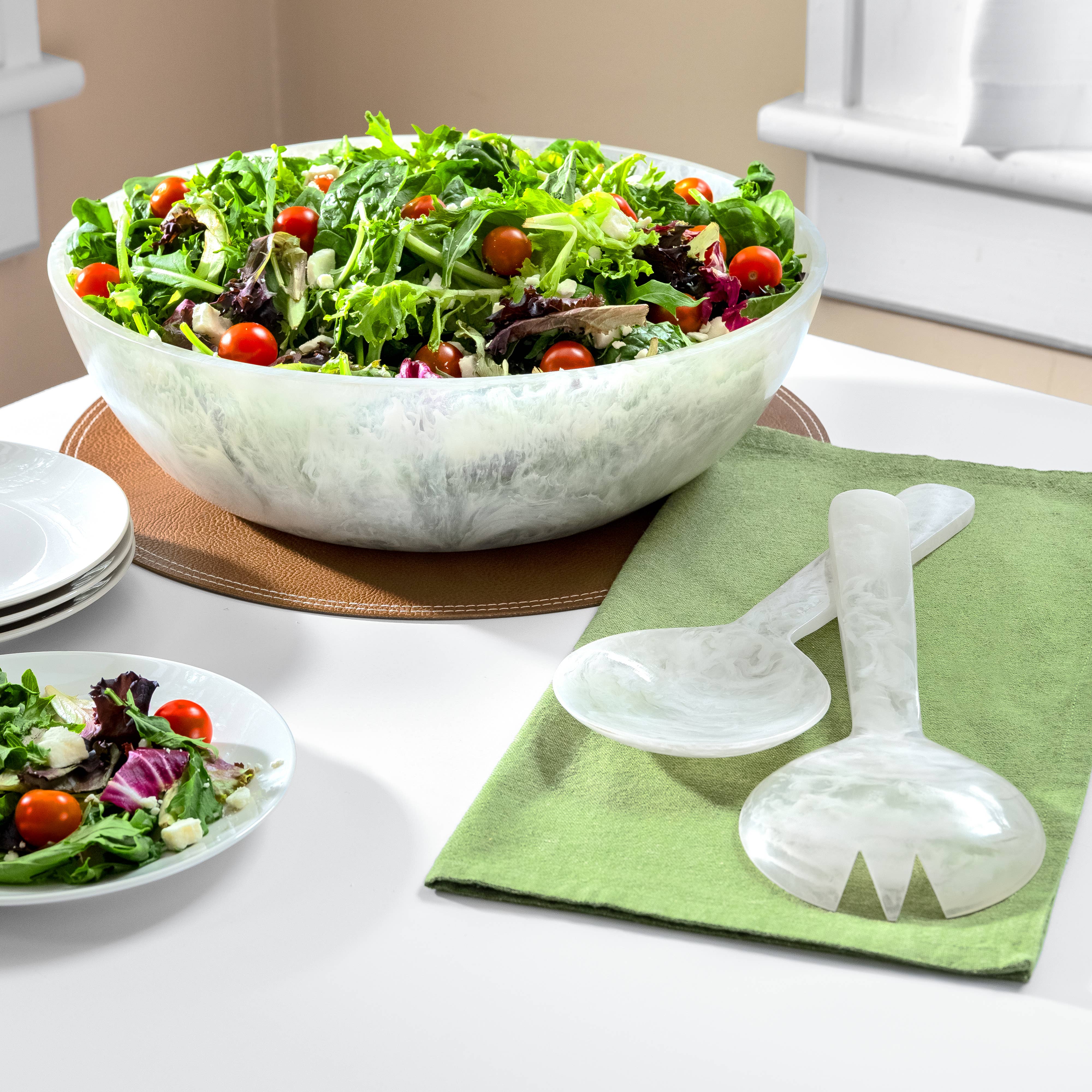 White Swirl Acrylic Bowl with Salad Servers