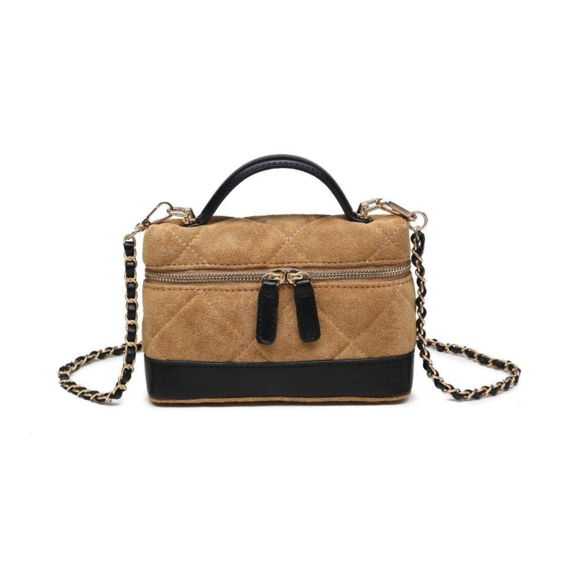suede quilted vanity bag with chain