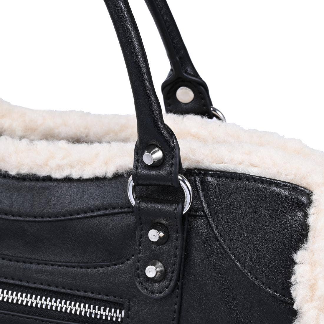 Shearling-trim vegan leather Satchel - black