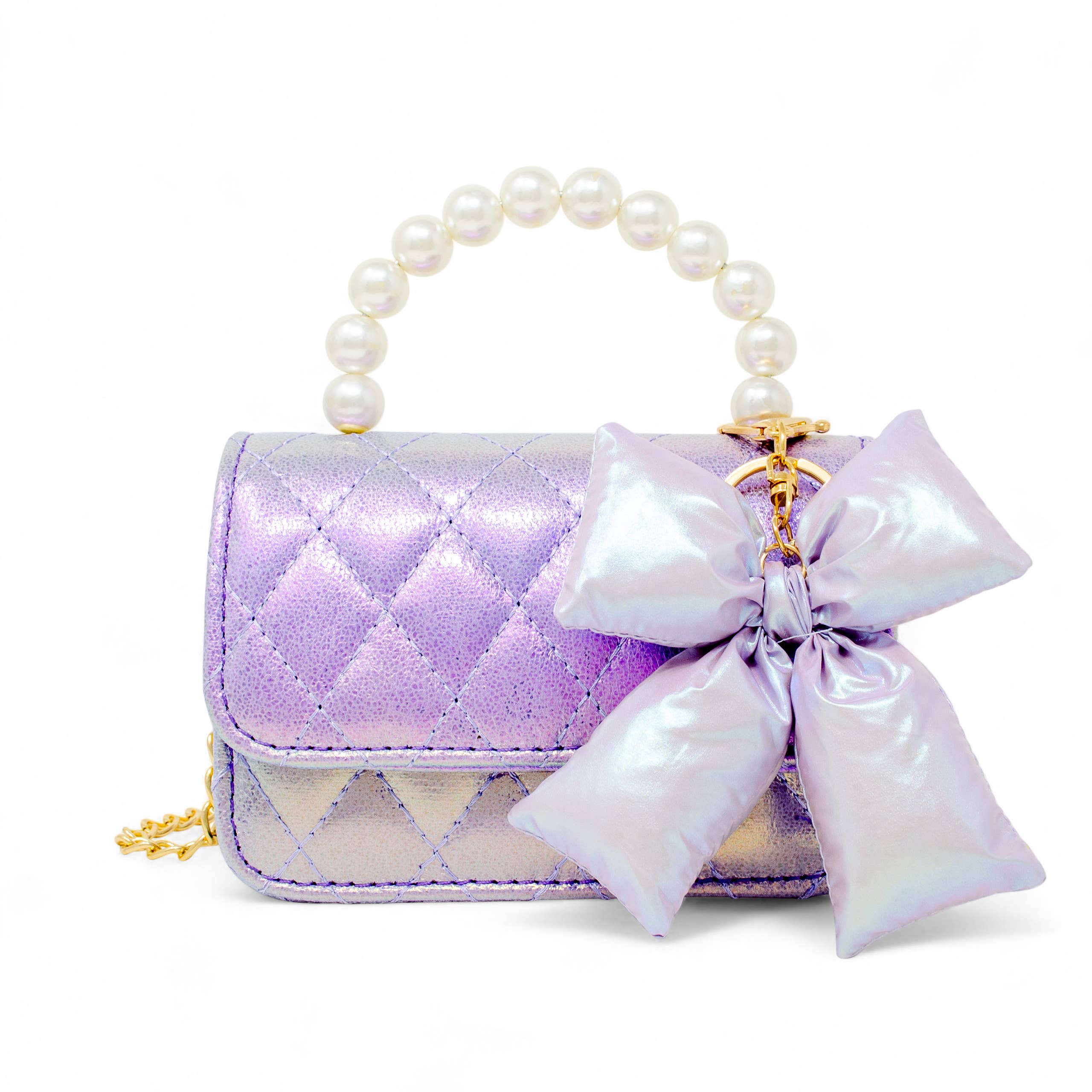 Shiny Quilted Fluffy Bow Handbag: Purple