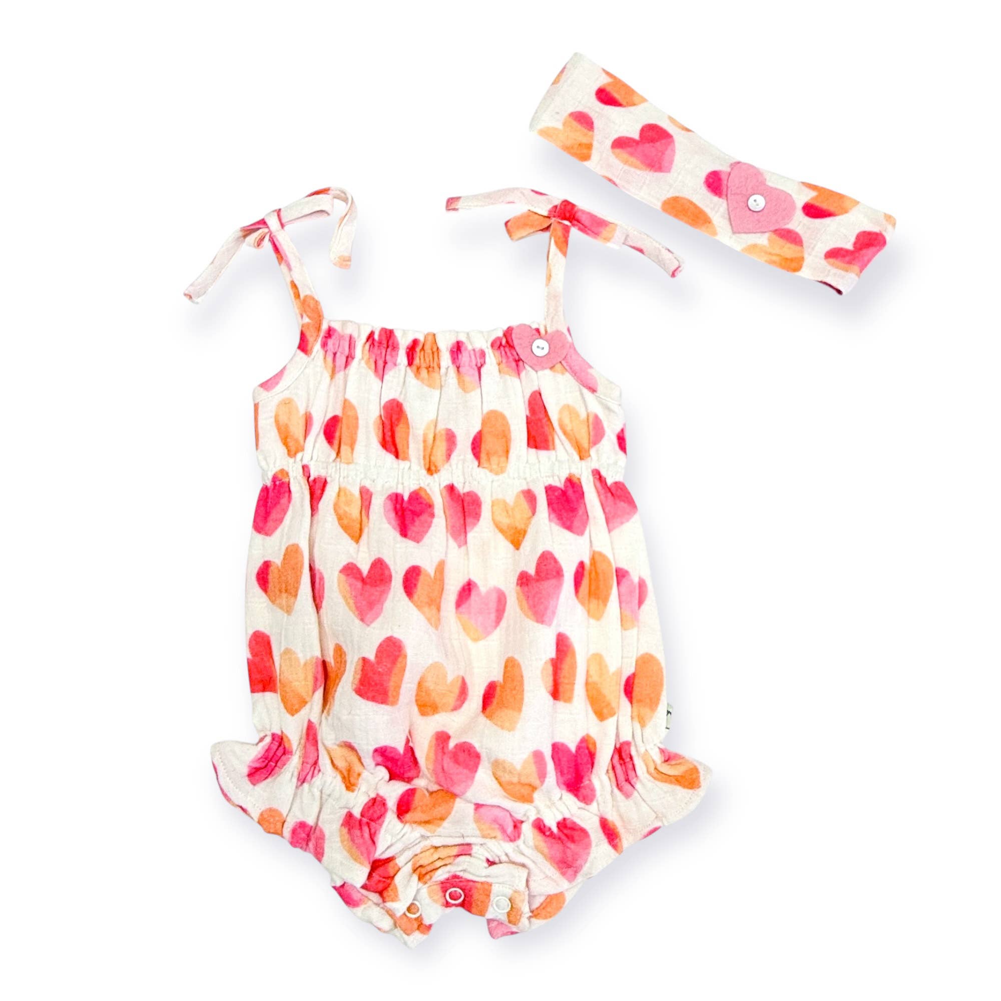 Hearts Shoulder Strap Baby Romper + Headband (Organic)