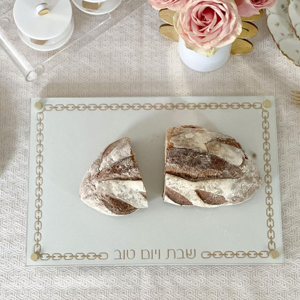Glass Challah Board with Chain Design Embroidered Leatherette - gold