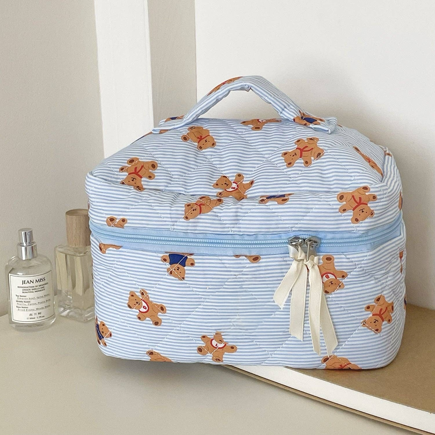 Bear Print Striped Make Up Bag: Blue Large