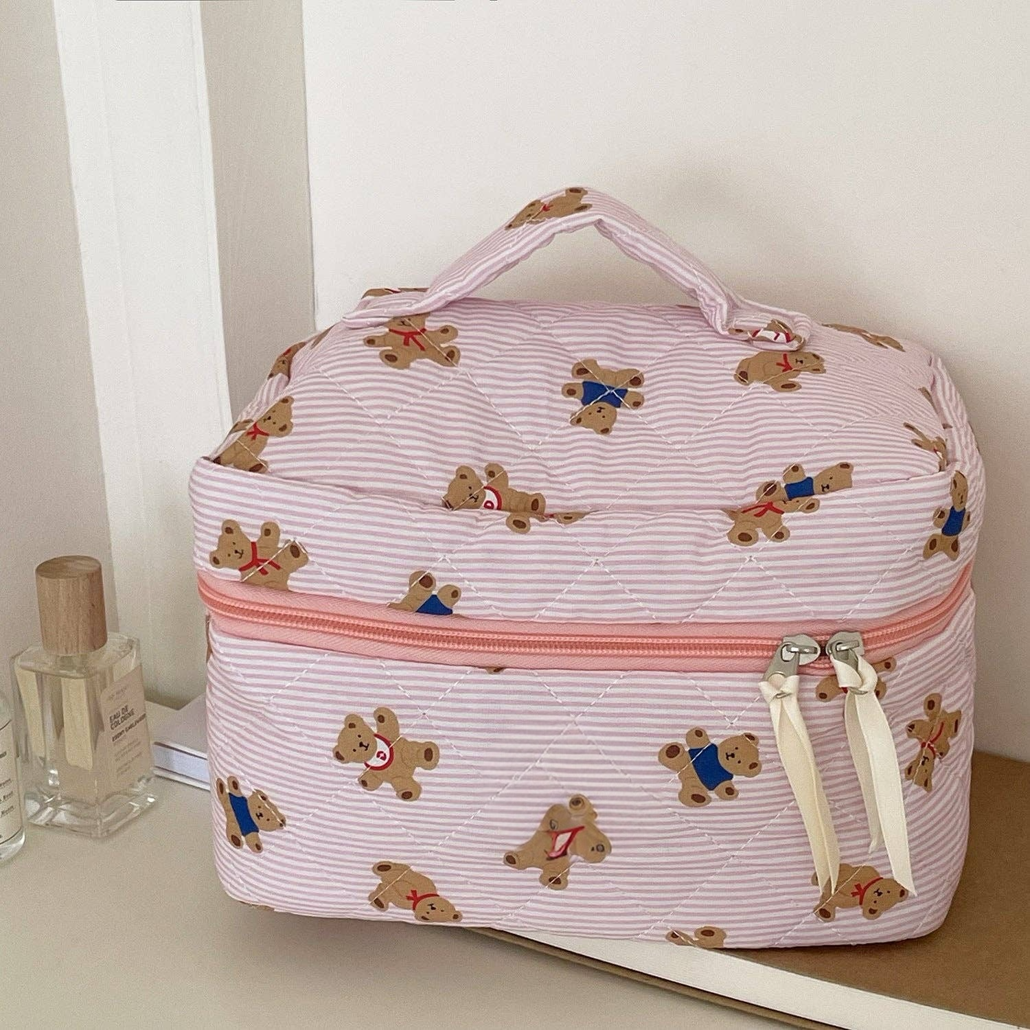 Bear Print Striped Make Up Bag:  Pink Large