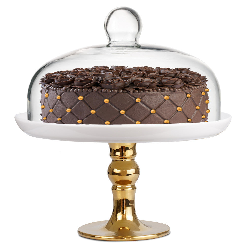 Footed Pedestal Cake Stand and Clear Dome - Gold