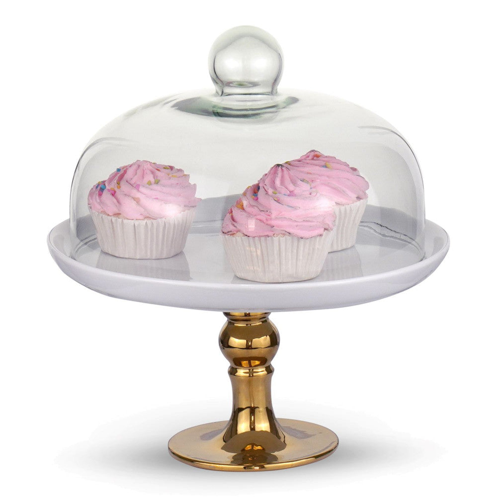 Footed Pedestal Cake Stand and Clear Dome - Gold