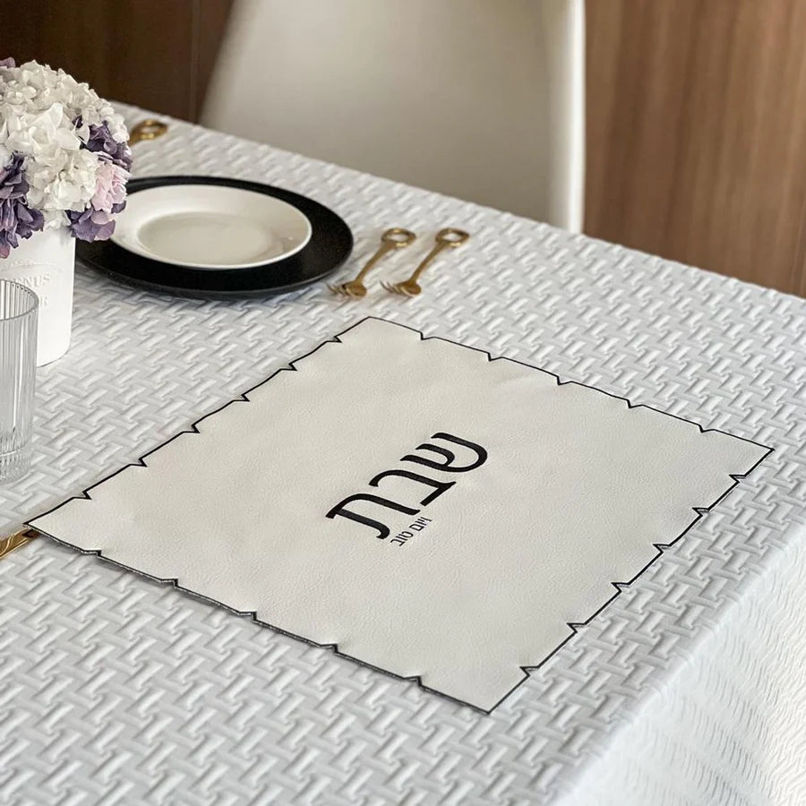 White Embroidered Leatherette Challah Cover - black