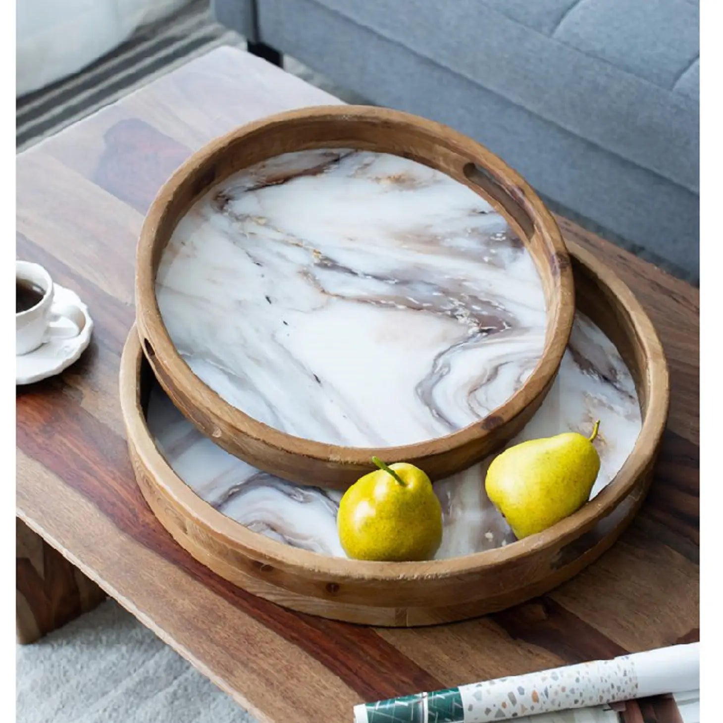Small Decorative Wooden Tray with Marble Design