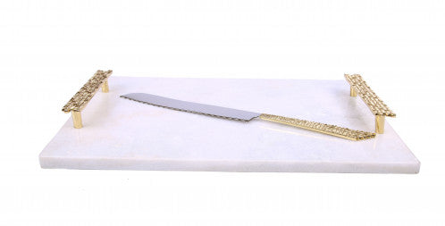 White Marble Challah Tray With Mosaic Handles