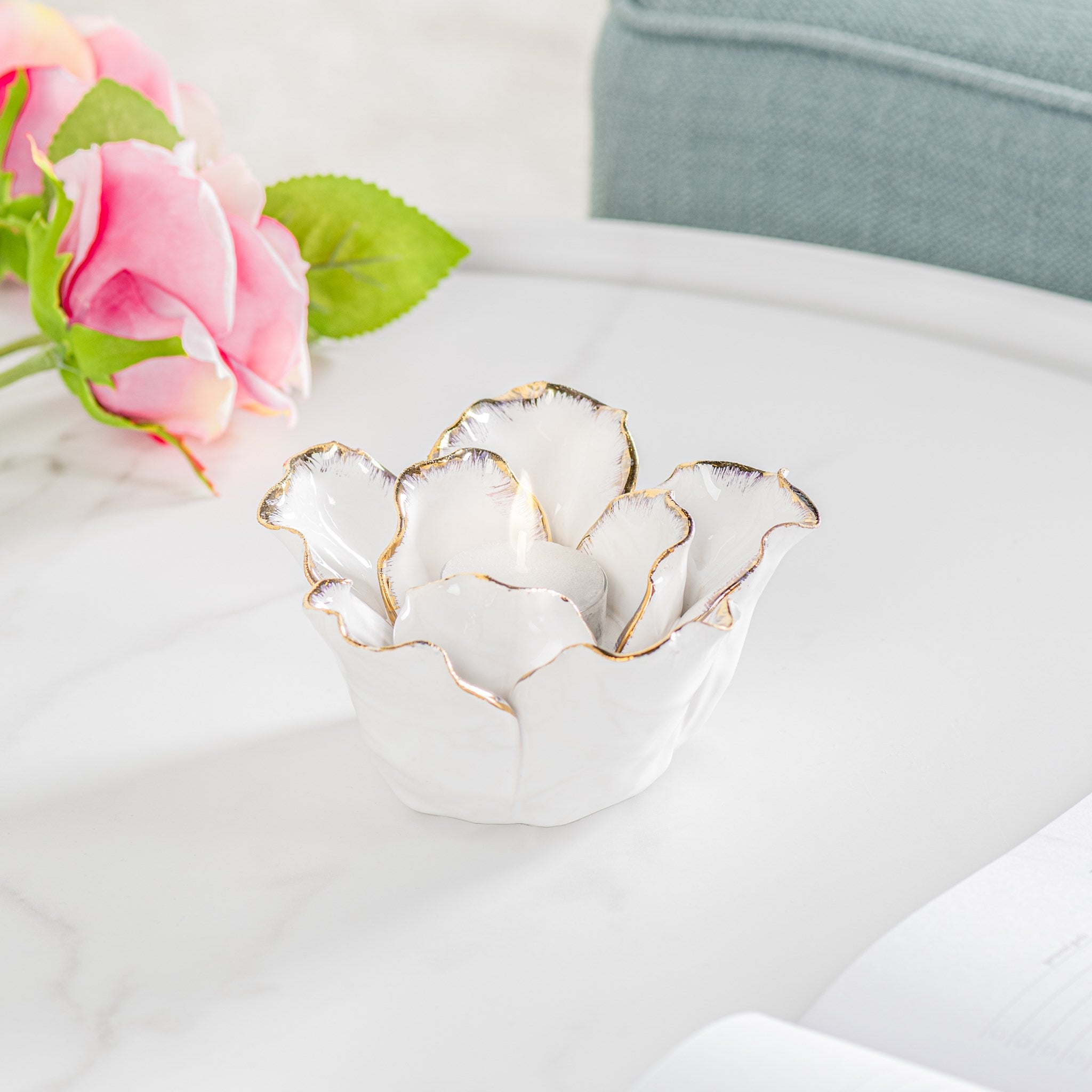 White Rose with Gold Edge Ceramic Tealight Holder-  Set of 2