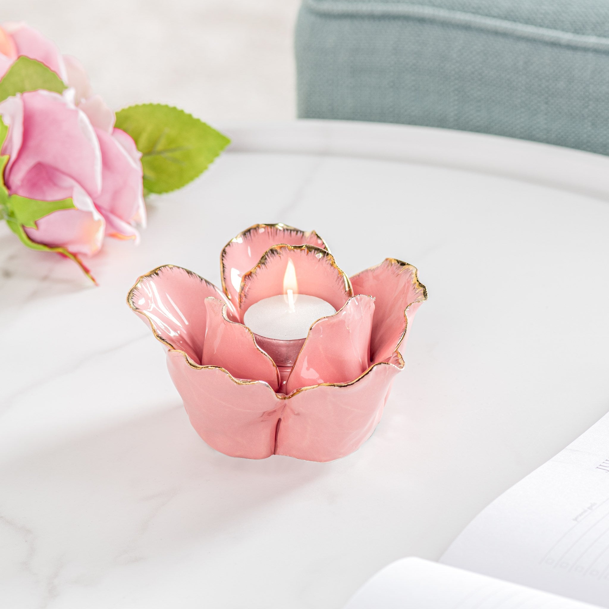 Pink Rose with Gold Edge Ceramic Tealight Holder-  Set of 2