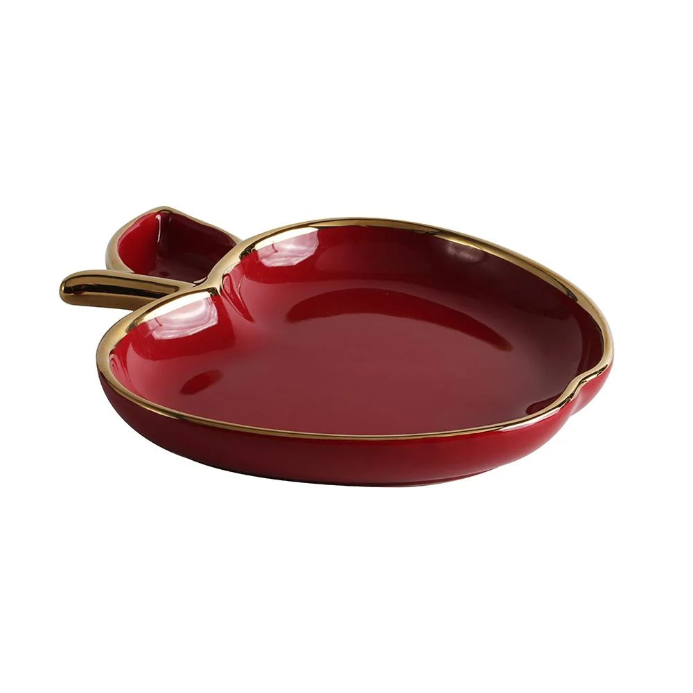 Plat en porcelaine en forme de pomme avec bordure dorée - blanc