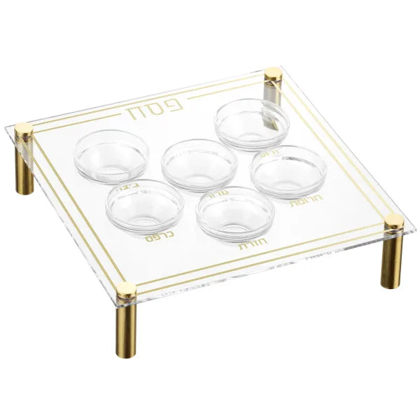 Modern Acrylic Seder Plate w/ Gold Design & Legs  - 6 Bowls