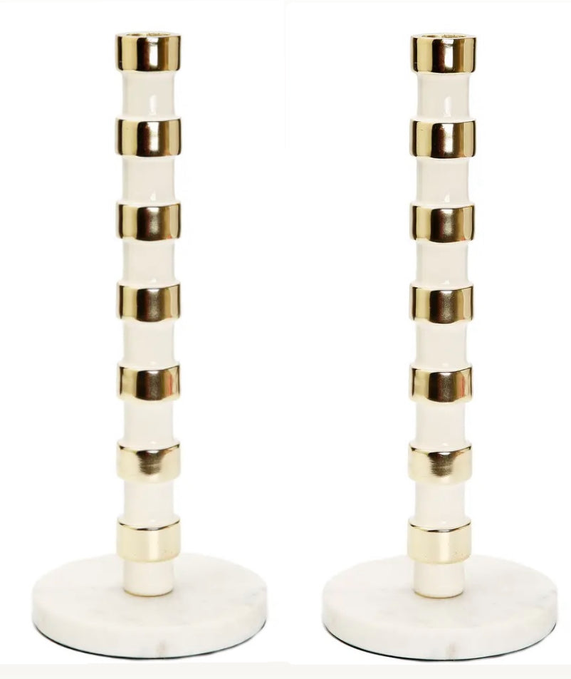 White & Gold Taper Candle Holders On Marble Base (set of 2)