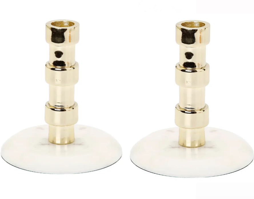 Gold Taper Candle Holder On Marble Base - short (set of 2)