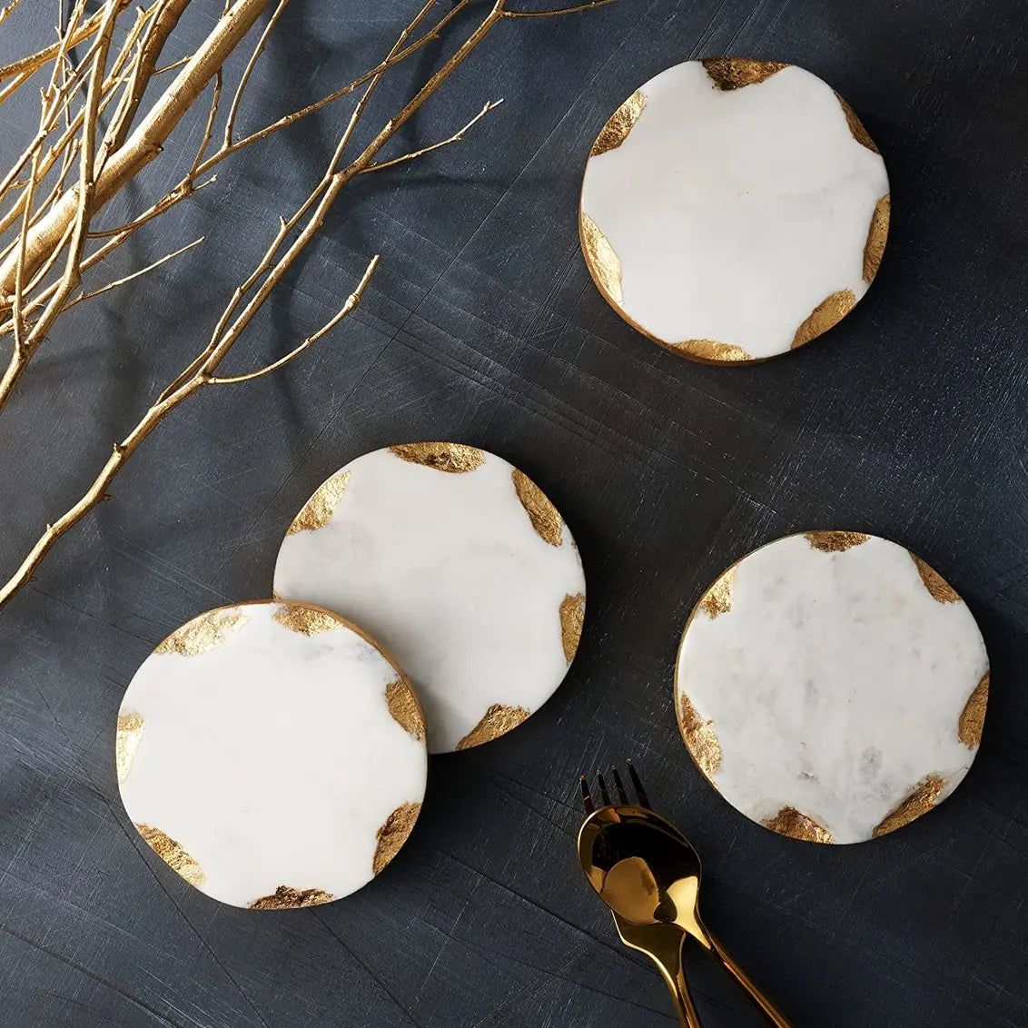 Marble Set of Four Round Coasters with Gold Edge