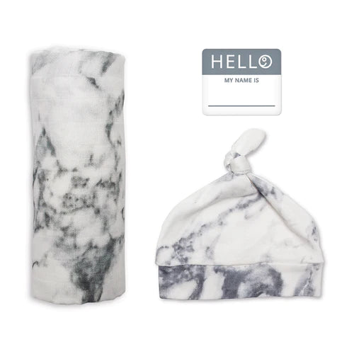 Hello World swaddle & Knotted Hat - Marble