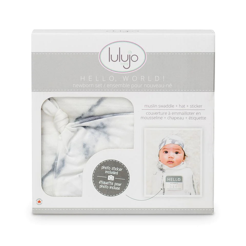 Hello World swaddle & Knotted Hat - Marble