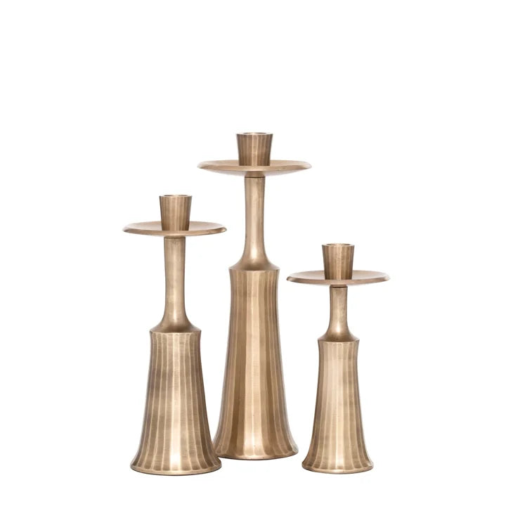 Tomar Antique Brass 3 Piece Ribbed Taper Candle Holder Set