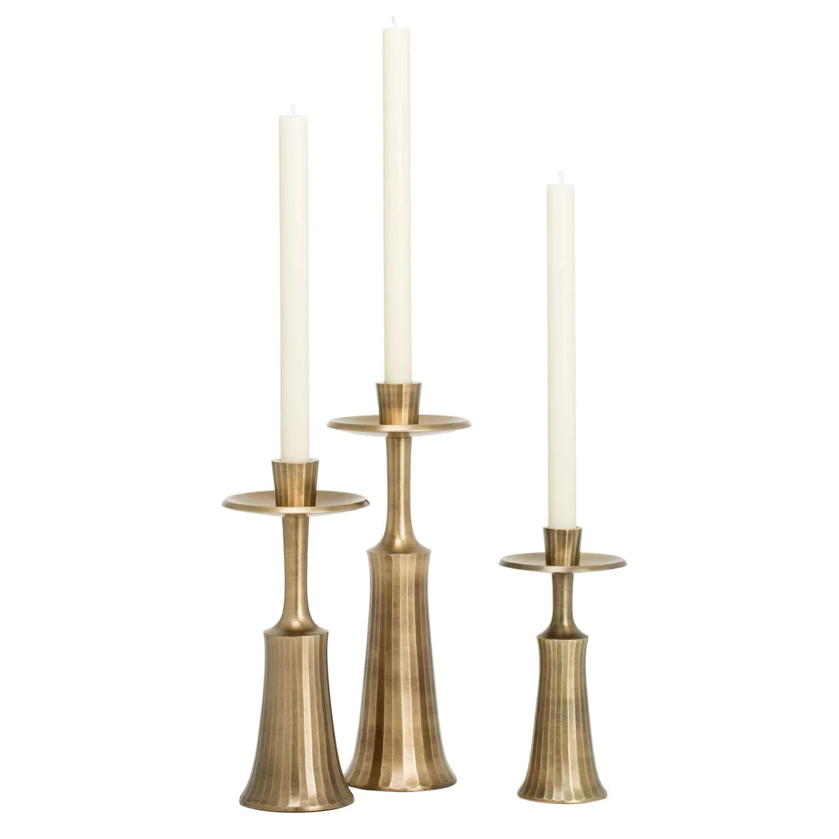 Tomar Antique Brass 3 Piece Ribbed Taper Candle Holder Set