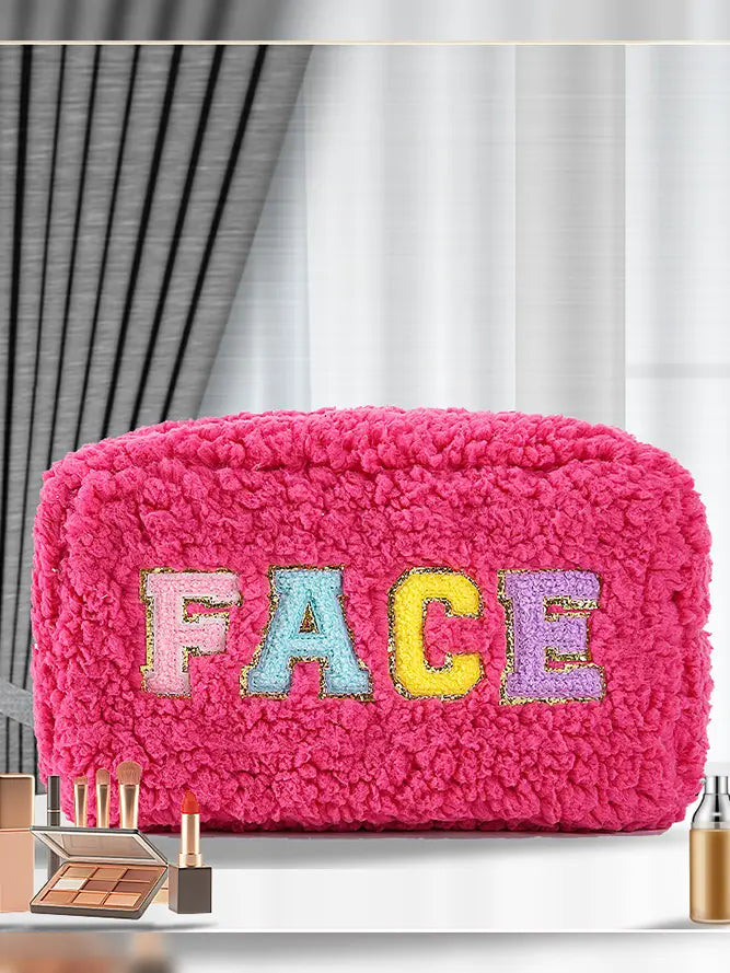 Lettering Patchwork Fleece Cosmetic Bag - Rose Red face