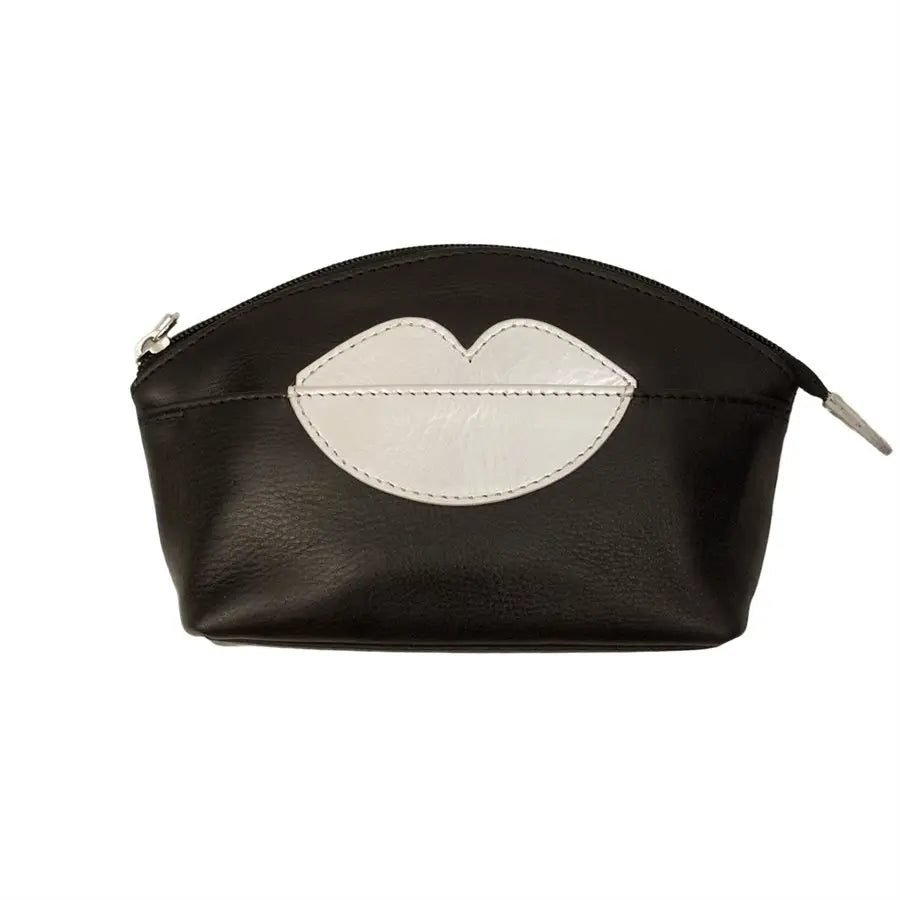 Leather hot lips cosmetic bag - black and silver