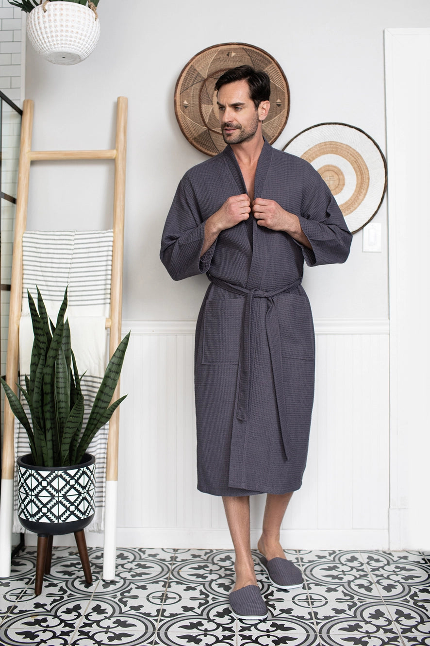 Men’s waffle robe and slipper set - charcoal