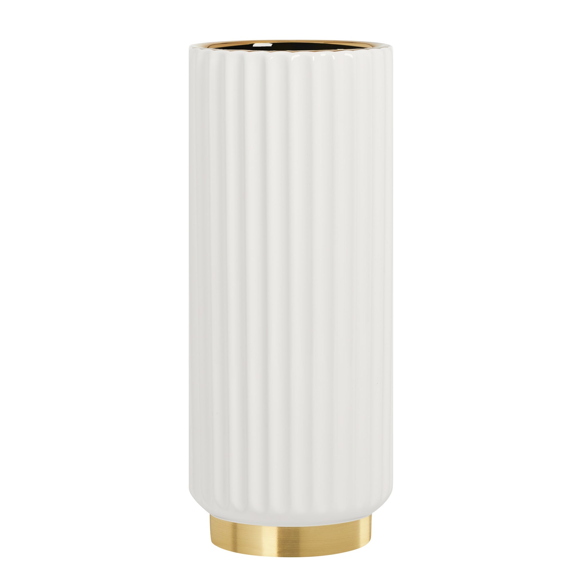 Ribbed Gold Trim Cylinder 12.5h" Ceramic Vase