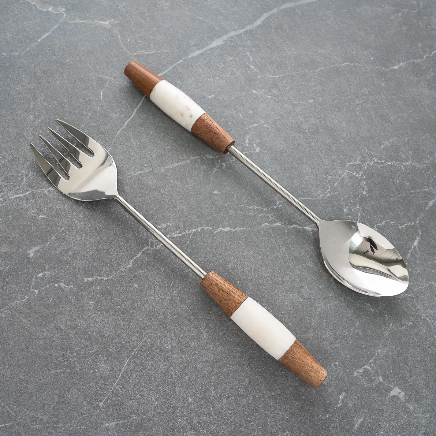 Marble & Wood Salad Servers -Set/2