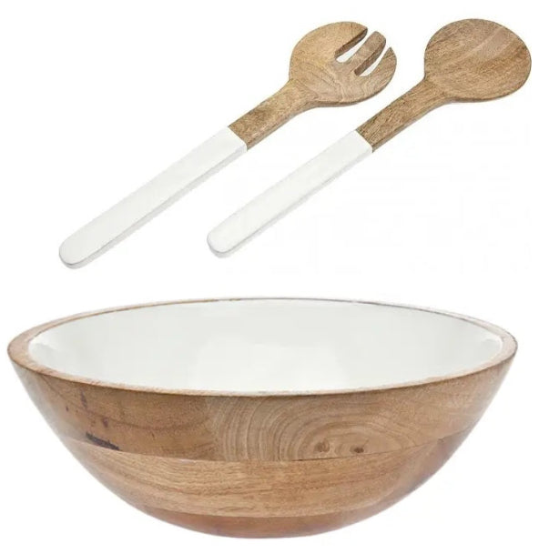 Wood and White Enamel Salad Bowl with Servers