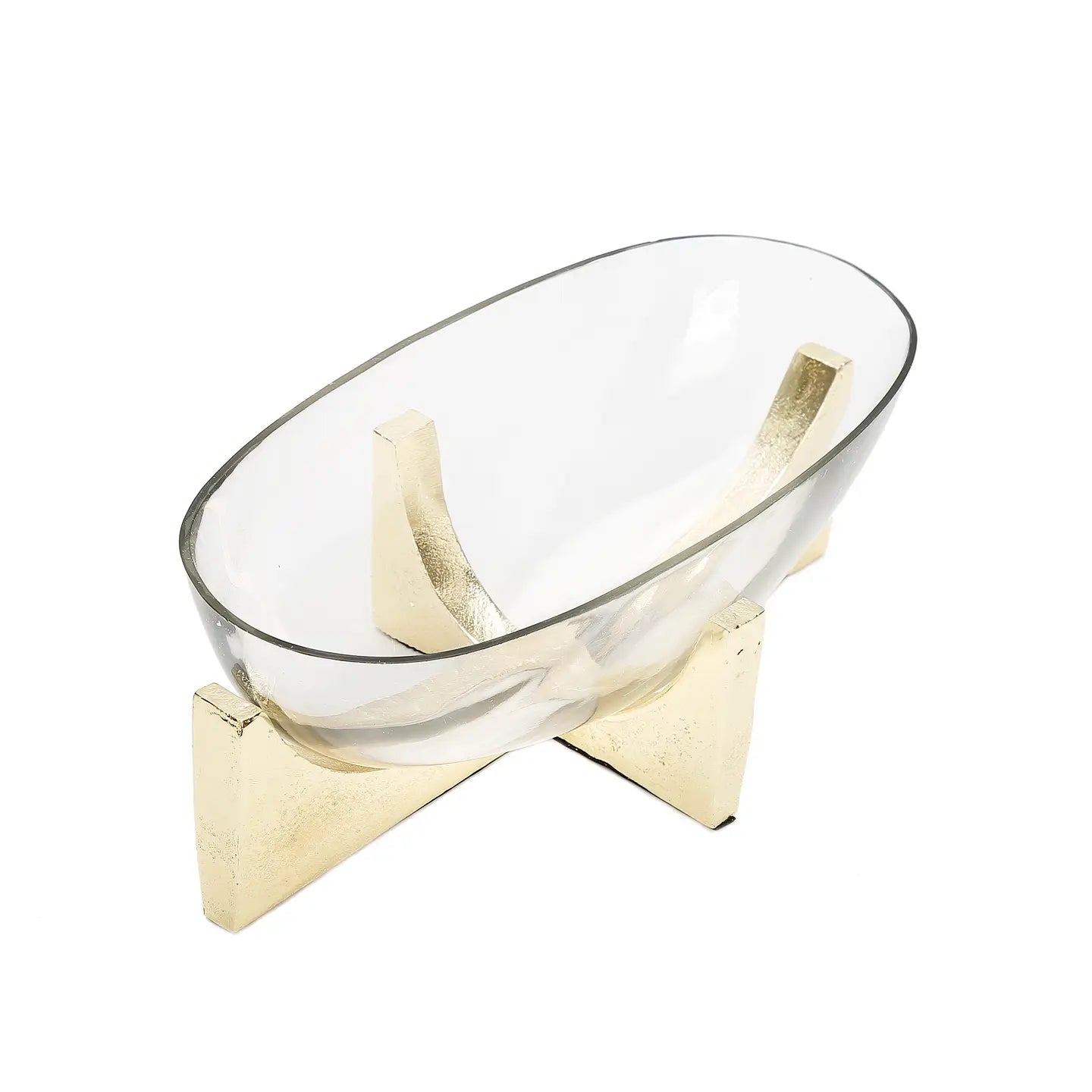 Glass Oval Bowl On Gold Block Base