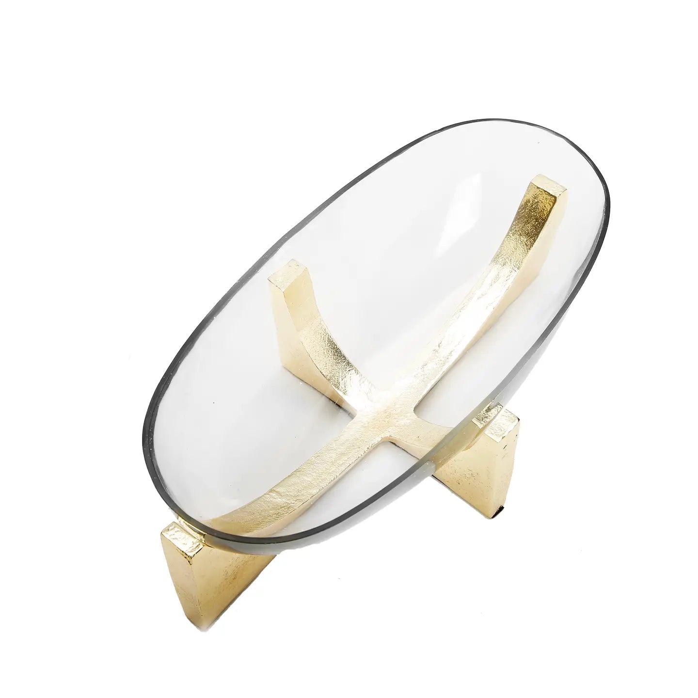 Glass Oval Bowl On Gold Block Base