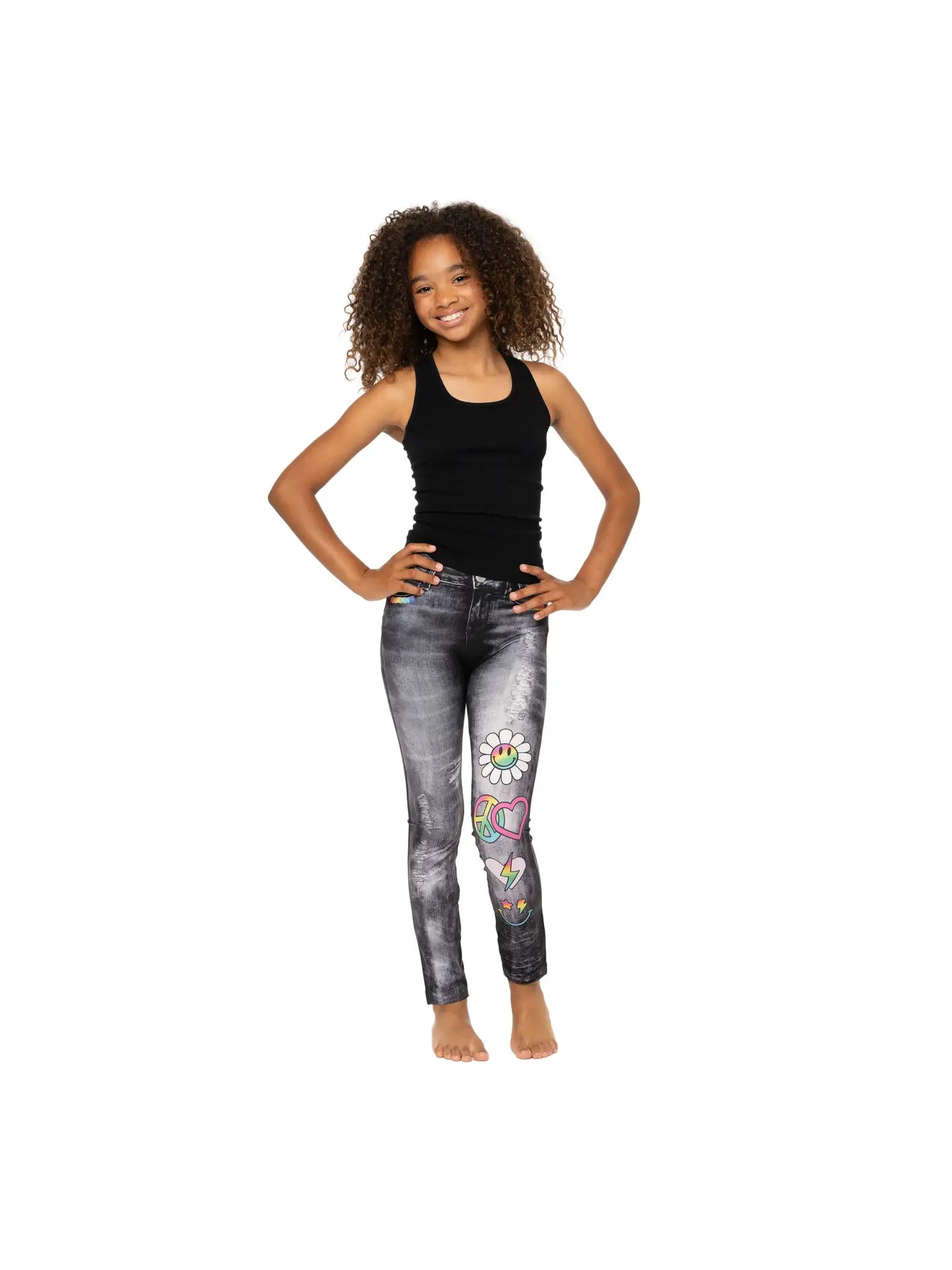 Little girls Black Distressed Denim Printed Leggings - size 4-6x