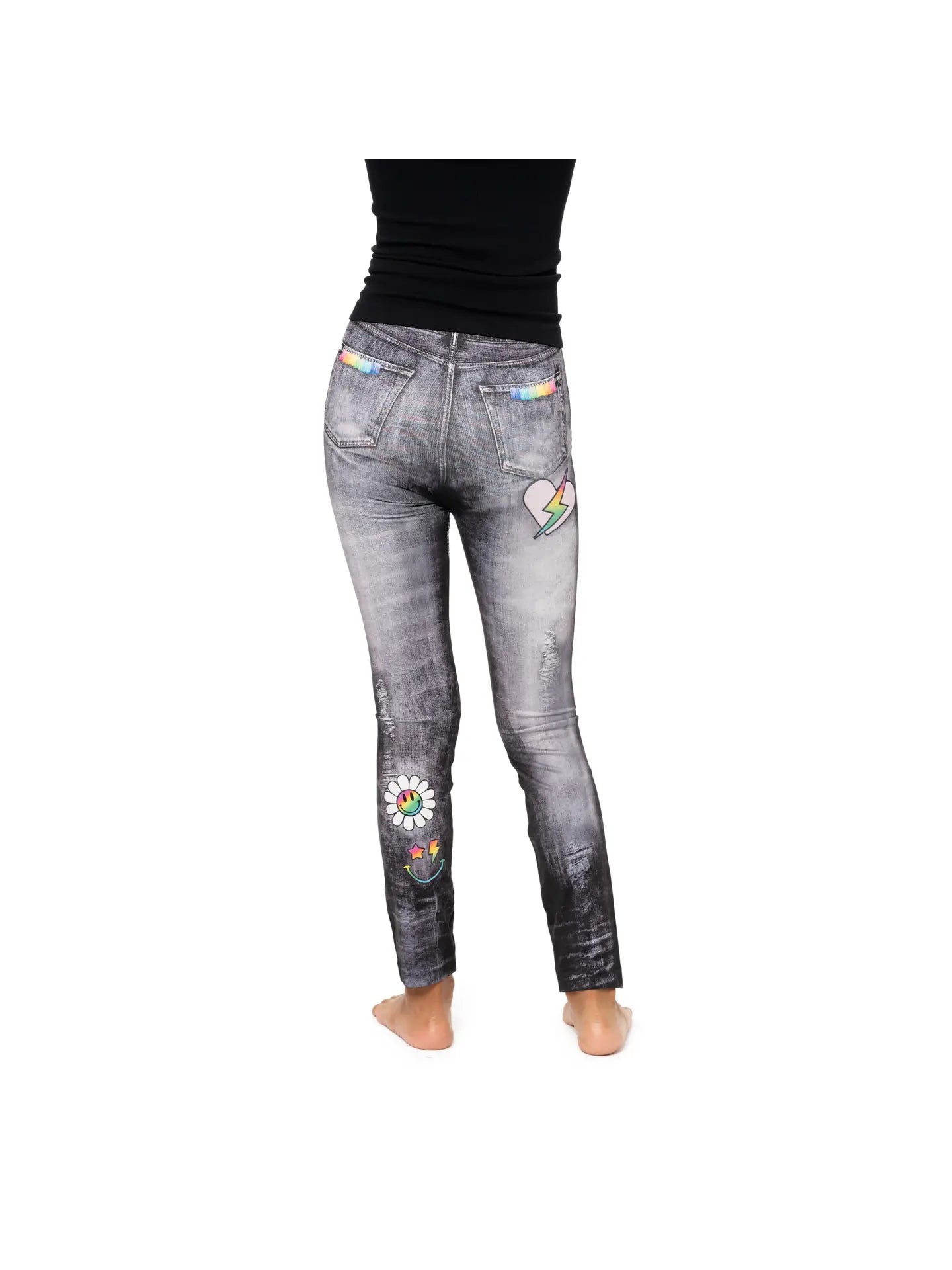 Little girls Black Distressed Denim Printed Leggings - size 4-6x